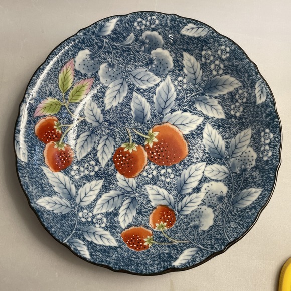 Andrea by Sadek Vintage Blue Floral Leaf and Strawberry‎ 8" Bowl - Picture 1 of 9